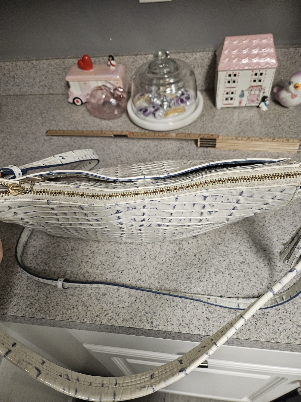 Brahmin White Croc-Embossed Shoulder Bag with Navy Accents - Picture 15 of 16